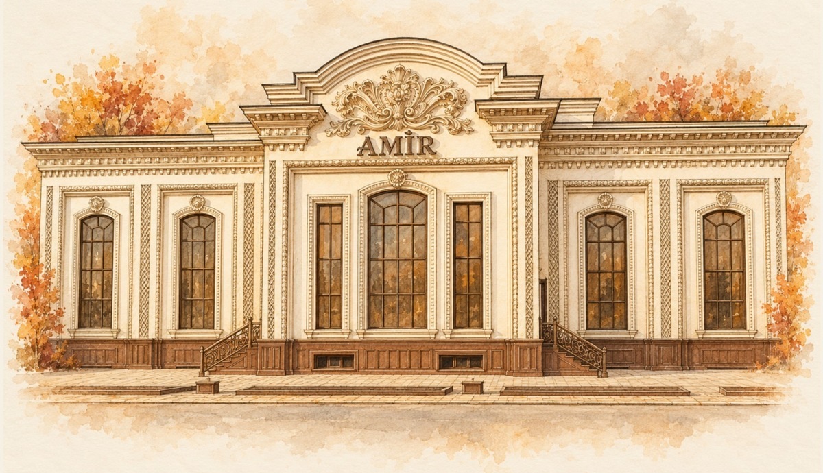 Акварельный фасад ресторана Amir